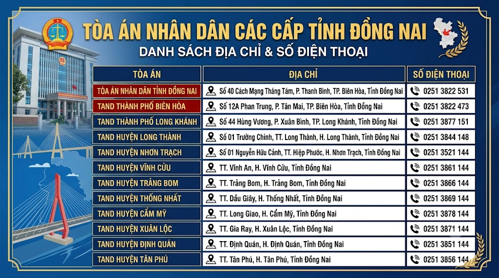 Địa chỉ và số điện thoại các Tòa án nhân dân khu vực tỉnh Đồng Nai